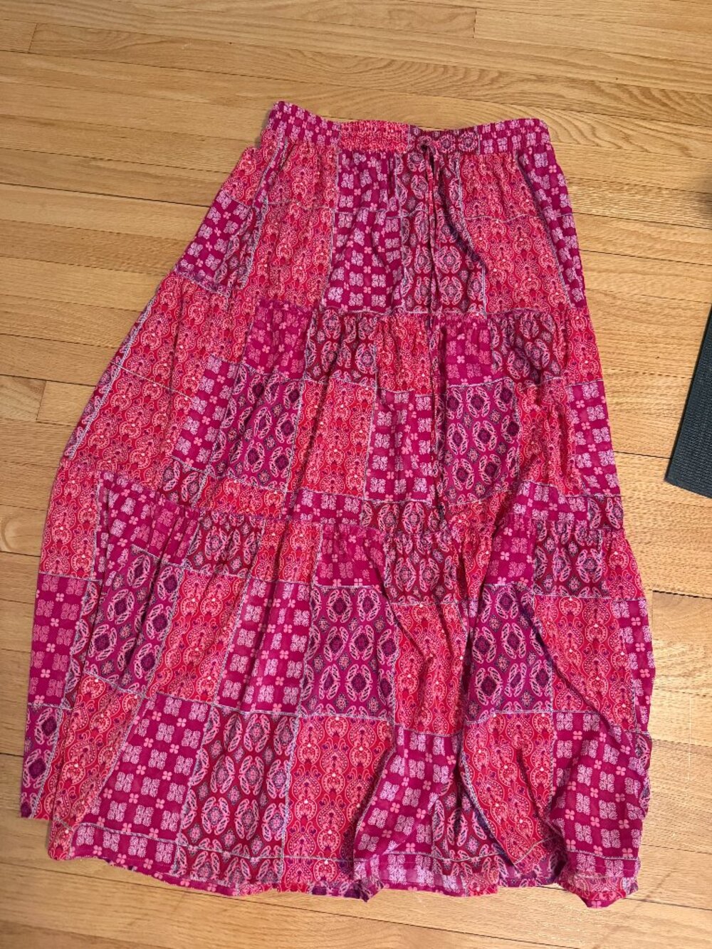Boho Maxi Skirt XL | Pink Purple Paisley Floral Patchwork Tiered Flowy Hippie
